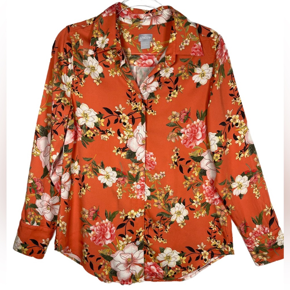 Chico's Vibrant Orange Floral Button Down Blouse. | Size 8 (Chico’s size 1)